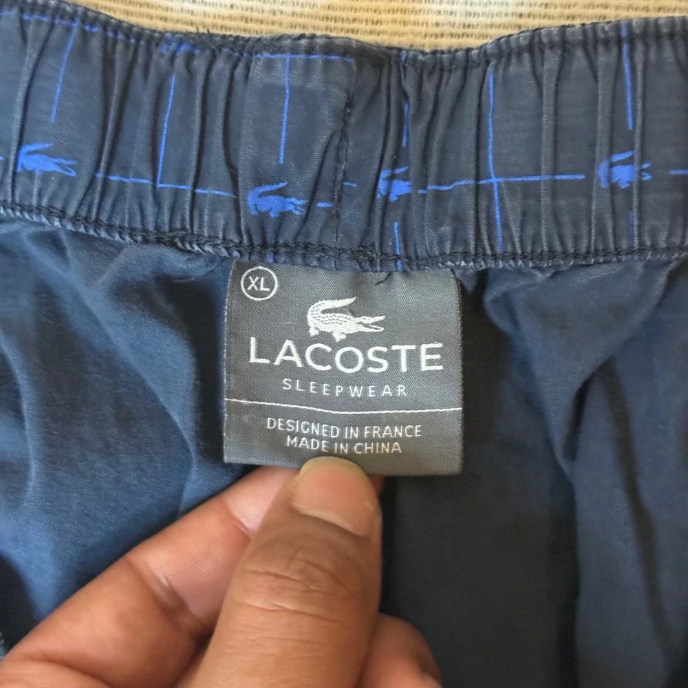Lacoste Pajama Pants Men XL Navy Blue Grid Logo Print Sleepwear Lounge Bottoms